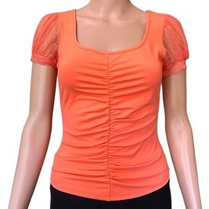 Intimately Free People Blush Up Puff Sleeve Sheer Panel Ruched Top Size XS